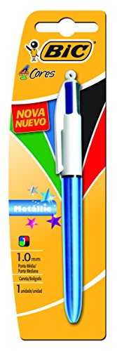 Caneta Bic 4 Cores – Ponta Esferográfica Retrátil Média de 1.0mm – Corpo Azul Metálico, Pacote com 1