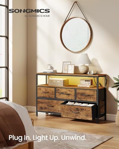SONGMICS BELLAH Collection - Dresser for Bedroom with App-Controlled LED Lights and Charging Station, Chest of Drawers, TV Stand, 5 Drawers, Shelf, Industrial, Rustic Brown and Ink Black ULGS723KD05S - 2