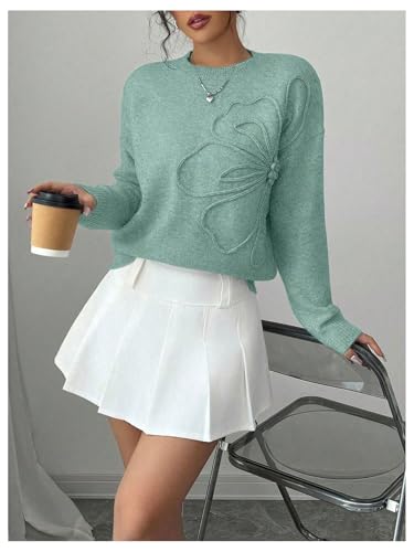 Image of RoseSeek Women's 3D Floral Appliques Crewneck Sweaters Long Sleeve Drop Shoulder Pullovers Elegant Knit Tops