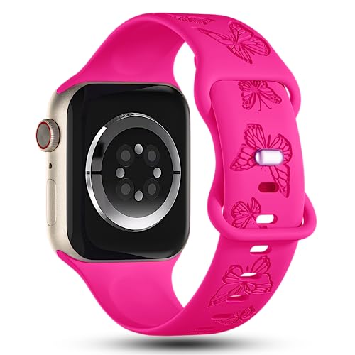 Image of Butterfly Engraved Bands Compatible with Apple Watch Band 41mm 40mm 38mm 49mm 46mm 49mm 46mm 45mm 44mm 42mm Women, Silicone Sport Strap for iWatch Series SE 10 9 8 7 6 5 4 3 2 1 SE Ultra
