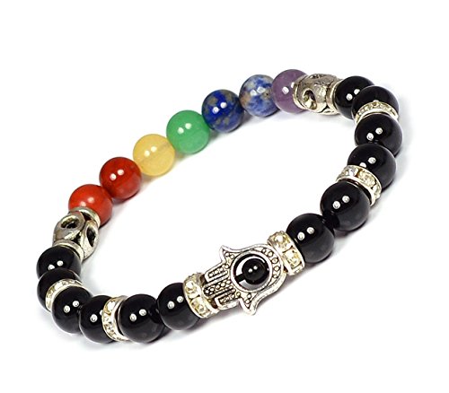 Image of Reiki Crystal Products Certified Natural Crystal Stone 7 Chakra with Hamsa 8 mm Round Beads Bracelet for Men & Women | Reiki Charged Gemstone Bracelet | Multiple Stone Variants Available