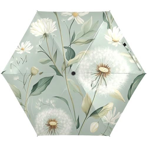 QwThum Sage Green Dandelion UV Sun Umbrella Compact Folding Travel Umbrella for UV Protection Windproof Rainproof Small Light Fashion Parasol for Men and Women