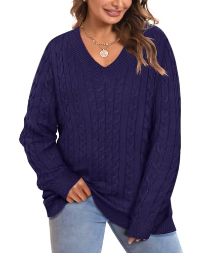 Image of CARCOS Plus Size Sweaters for Curvy Women Long Sleeve Cable V Neck Sweater Knit Pullover Preppy Style Fall Winter XL-5XL