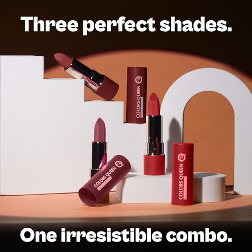 Image of Colors Queen Lippie Pack of 3 Matte Lipsticks for Women Enriched with Jojoba Oil & Vitamin E | Lightweight & Long Lasting | Creamy Smooth Texture, Nourishing Formula | One Swipe Application (Combo - 01, 15g)
