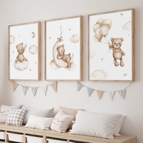 3 Affiche Ourson Chambre Bebe 30x40cm Poster Mural Enfant Garcon Nounours Nuage Ballon Tableau Chambre Bébé Beige Toile Decoration Murale Fille Cadeau sans Cadre...