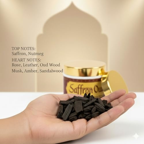 Image of Saffron Oud BAKHOOR Incense | Authentic Arabic BAKHOOR Incense | 40 GMS JAR | Pack of 1 | Natural Wood Chips Saffron Fragrance Woody Blend | Perfect for Pooja