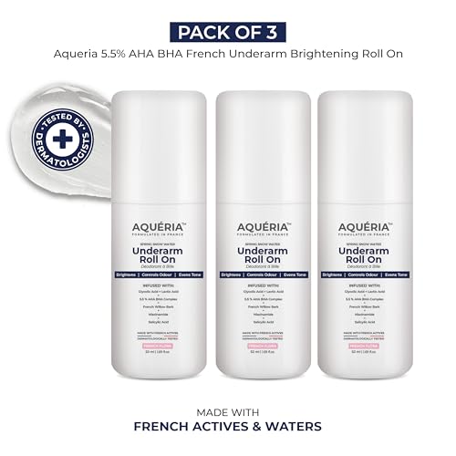 Image of Aqueria 5.5% AHA BHA French Underarm Brightening Roll On | 48H Odour Control | Flora Fragrance with 2% Niacinamide | Multi Actives, Glycolic Acid, Lactic Acid | Prevents Odor, Kills Bacteria | Exfoliates, Reduces Pigmentation & Discoloration for Even-Toned Underarms | Brightens Skin & Exfoliates Underarm | Alcohol & Aluminium Free | Deodorant for Men & Women | Pack of 3 (150ml)