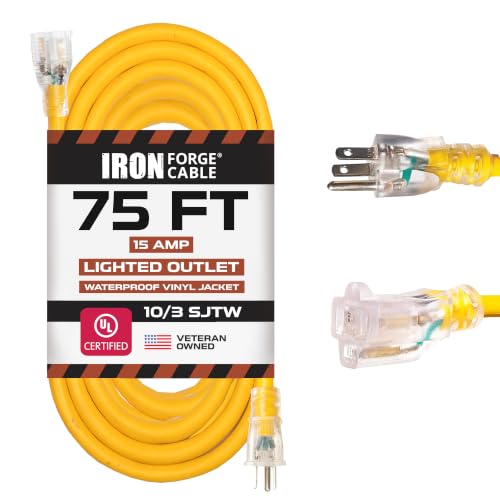 Iron Forge Cable 10 Gauge Extension Cord Heavy Duty, 75 Ft - Yellow SJTW