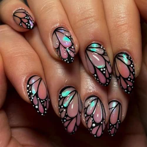 3D Butterfly Wing Press On Nails Almond - 24PCS Pink
