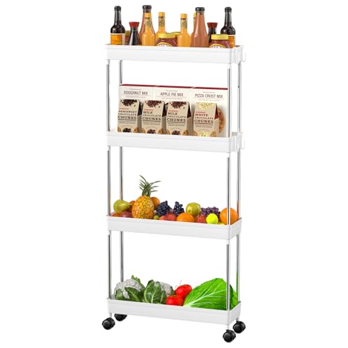 Homshsjhkis Desserte à roulettes, Chariot de Rangement à roulettes 4 Niveaux, Petit Meuble Rangement Cuisine, Plastique Desserte Salle de Bain, Étagère...