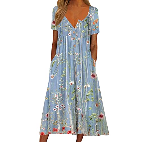 Robe d'été pour femmes à manches courtes avec bouton fleuri et col rond confortable