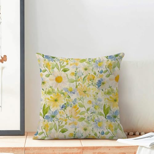 Sorktse Yellow Blue Floral Pillow Covers 18x18 Inch Set of 2 Blue Yellow Daisy Floral Throw Pillows Green Leaf Spring Summer Pillowcases Outdoor Decor Linen Cushion Covers for Couch Sofa Bedroom — view 3