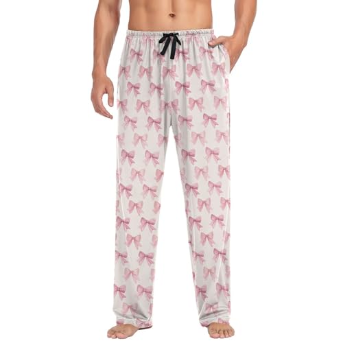 Men’s Pink Bow Pajama Pants with Pockets, Comfortable Lounge Sleep Bottoms#9553