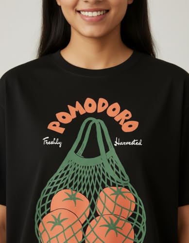 Image of Oversized Cotton T-Shirt for Women Half Sleeve Pomodoro Printed Tee - Breathable Loose Fit Asthetic Casual Wear for College and Daily Ou Outfits, Streetwear