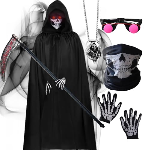 HarnyLoom Déguisement Faucheuse Enfant Adulte Scream Cape Faux Faucille Costume Grim Reaper Hooded Robe Garçon Couvre-chef de Squelettes Gants Lunettes Halloween (130 (7~10 ans))