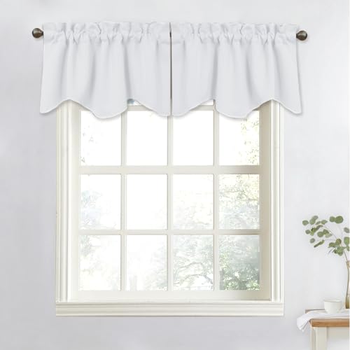 NICETOWN Bathroom Valances for Small Windows, Rod Pocket Elegant 52 inches by 18 inches Scalloped Valance Curtain Panel for Living Room/Kitchen (Greyi