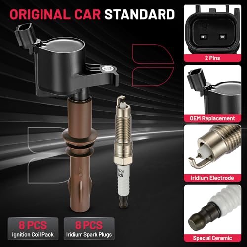 Image of BDFHYK Ignition Coils DG521 and Iridium Spark Plug SP509 Compatible with Ford F150 08-10 F250 F350 Super Duty Expedition Mustang Lincoln Navigator Mercury Mountaineer Ford Oem Coil Pack Set of 8
