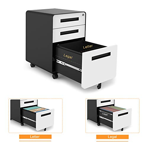Bonnlo 23.8" H 3 Drawer Rolling File Cabinet With Lock, Black & White File Cabinet For Home Office, Mobile Under Desk File Cabinet With Pencil Tray, Metal Filing Cabinet Printer Stand Fully Assembled #TOP4