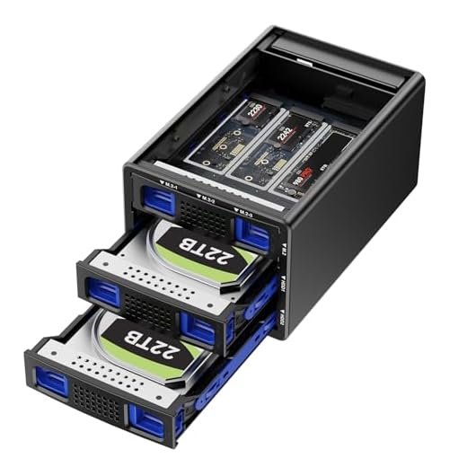Hybrid 2*2.5/3.5" SATA HDD/SSD(Support RAID 1/0/JBOD/NORMAL)+3* M / B+M Key M.2 NVMe Enclosure with Fan, USB A/C 3.2 Gen 2, Hard Drive Enclosure Support 68TB(2*22TB HDD+3*8TB 2230/42/60/80/110 SSDs)