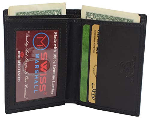 MARSHAL Slim Bifold Front Pocket Wallet 2 ID Window Credit Card Holder Genuine Leather RFID Blocking (Black)2