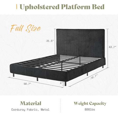 Image of AMERLIFE Full Bed Frame, Upholstered Metal Platform Bed with Vertical Channel Tufted Headboard, Soft Fabric & Strong Metal Slats, Noise-Free /Easy Assembly, Black Full Upholstered Bed and Headboard
