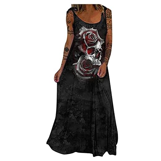 ASDVB Klänningar damer festliga dammode halloween skalle tryck party ärmlös tröja patry klänning strandklänningar, svart, XL