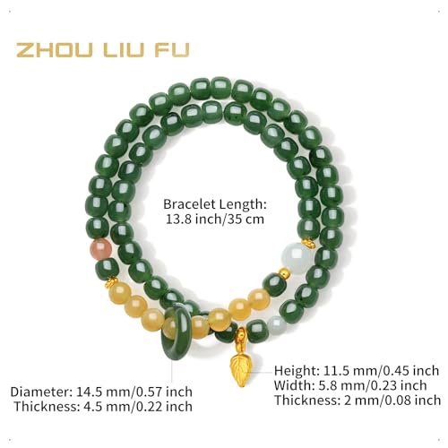 Healing Jade Beaded Bracelets 24K Solid Gold Bracelet Real Gold Bead Leaf Charm Hetian Green Jade Nephrite Agate Double Stretch Bracelet for Women Mom Daughter 13.78"/35cm Y19137732