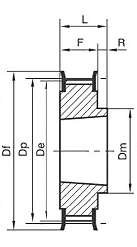 24L050TL.1108 Ametric® Inch Steel ANSI Timing Pulley with Flange, 3/8" Pitch for a L050 Synchronous Belt, 24 Teeth, for 1108 Taper Lock Bushing, 2.86 Inch Pitch Diameter, 2-1/8" Approximate Hub Diameter, 3/4" Approximate Face Width, 7/8" Approximate Width Through Bore (Mfg Code 1-082)