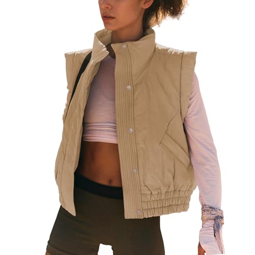 Ainangua Women Cropped Puffer Vest Button Sleeveless Light Jacket Scrunch Stand Collar Essentials Gilet with Pockets (Light-Khaki,S)