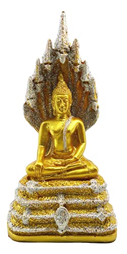 Buddho Buddha Pang Nak Prok 8" H. Buddha Statue In The Posture Of Naga Poly Resin Thai Buddha Statue For Home Decor Buddha Gift Buddha Sculpture (Gold) #TOP3