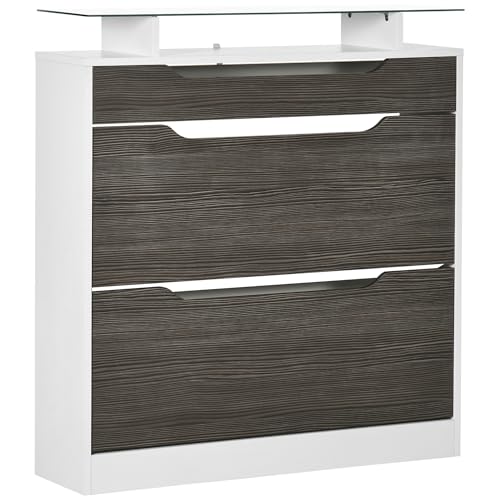 HOMCOM Shoe Storage Cabinet, Shoe Cupboard with Slide Out Drawer, 2 Flip Doors, Tempered Glass Top and Adjustable Shelves for 16 Pairs of Shoes, Grey