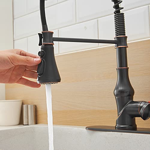 Bathlavish Oil Rubbed Bronze Kitchen Faucet Pull Down 3 Outlet Mode Sprayer Bar Sink Farmhouse Commercial Single Hole Single Handle Mixer Tap With 10-Inch Hole Cover Plate Solid Brass Lead-Free #TOP2