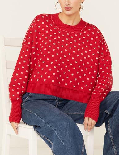 Womens Cropped Pullover Sweater Polka Dot Chunky Knit Sweater Floral Printed Crewneck Long Sleeve Fall Winter Outfits3