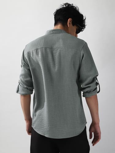 Image of Urbano Fashion Men's Linen Blend Full Sleeve Relaxed Fit Mandarin Collar Casual Solid Shirt
