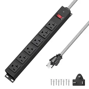 Heavy Duty Power Strip 20 Amp, High Amp Metal Surge Protector, Mountable Industrial Power Strip with 6AC Outlets and Circuit Breaker, 5-20/T-Slot Plug, and 6FT 12AWG Braided Extension Cord (Black)