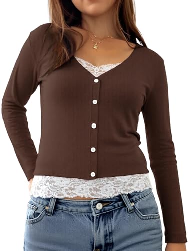 Image of Womens Lace Long Sleeve Top Paneled Henley Shirts Y2k 2000s Fitted Going Out Tops Blouse