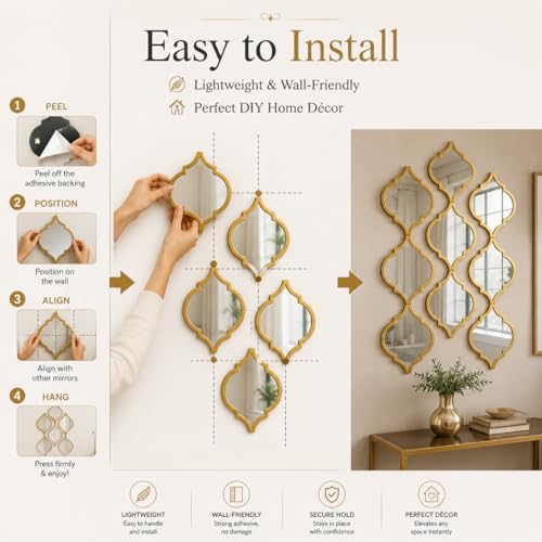 Image of Set of 9 Quatrefoil Wall Mirrors - Decorative Moroccan Lattice Accent Mirrors - Interlocking Geometric Wall Art for Living Room, Entryway, and Bedroom Decor (Gold)