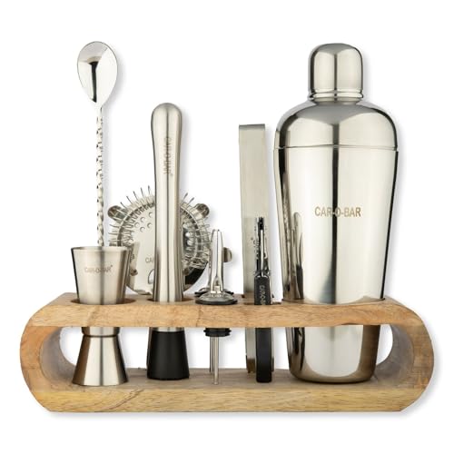 Image of Car-O-Bar Bar kit | Bar Set for Home - Bartender Kit :Cocktail Shaker, Bar Spoon, Jigger, Muddler, Strainer, Wine & Beer Bottle Opener, 2 Pour Spouts, Tong (with Stand)