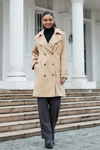 Betusline Women's Khaki Trench Coat - Waterproof Double Breasted Dress Outerwear, Small - Image 5