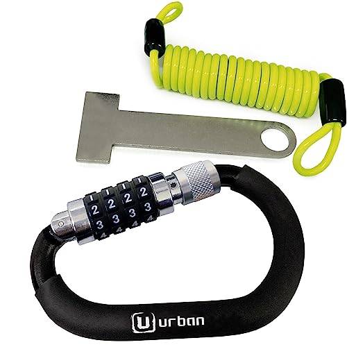 URBAN UR140 Candado Casco Moto, Mosqueton con Código 4 Digitos Más Seguro, Adaptador T Hebilla, Cable Seguridad Acero Trenzado Más Visible, Accesorio Antirrobo Universal para Casco Moto Bicicleta