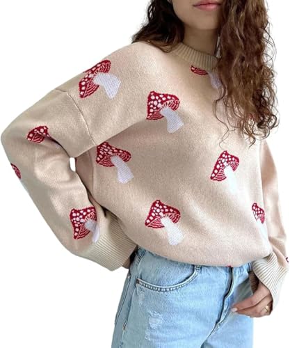 Apvirdy Mushroom Sweater Women Crewneck Long Sleeve Knit Sweater Loose Cute Graphic Pullover Sweater