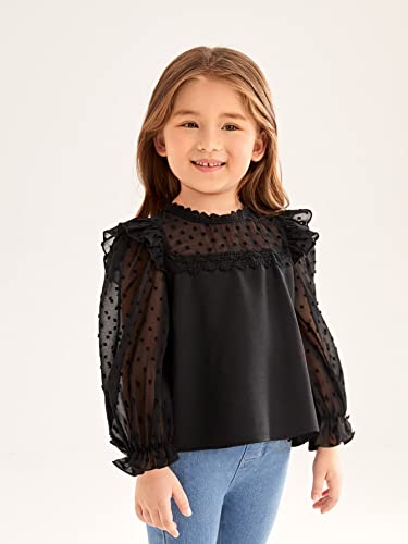 Wdirara Toddler Girl's Swiss Dots Round Neck Sheer Long Sleeve Lace Trim Blouse Top Black 7Y #TOP2