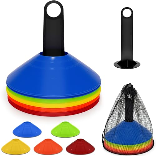 Leyrens Fussball Hütchen Set, 30 Stück Markierungshütchen inklusive Halter und Tasche, Runde Markierungshütchen, Trainingshütchen für Fussball, Hockey, Handball, Koordinationstraining