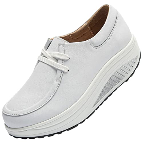 rismart Cuero Plataforma Zapatillas Balancin Mujer Cómodo Casual Caminar Zapato Blanco,39