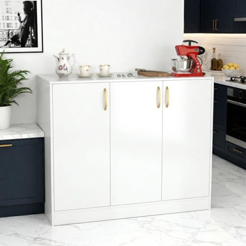 Image of Spyder Craft Modern Engineered Wood Sideboard & Crockery Cabinet - 3-Door Storage Organizer with Gold-Finish Handles and Geometric Pattern for Living Room, Kitchen, and Office (White)