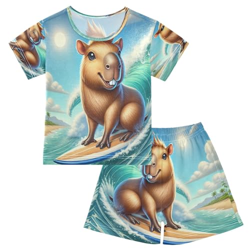 Summer Capybara Waves Pajama Set Short Sleeve Nightwear Soft Clothes Set Summer Pajamas Cotton 5Y