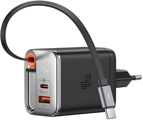 40W GaN Fast Charger with Retractable USB-C Cable – 3-Port USB-C & USB-A Wall Charger with Digital Watt Display (Black)