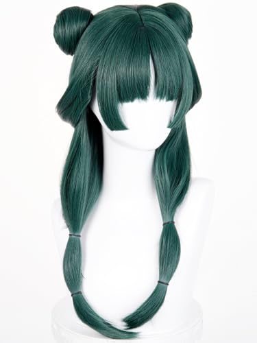 Image of Half and Half Maomao Cosplay Wig with Double Buns & Bangs, 19'' Long Dark Green Anime Ponytails Wigs Pigtail Hair Wig for Women Halloween Party Daily