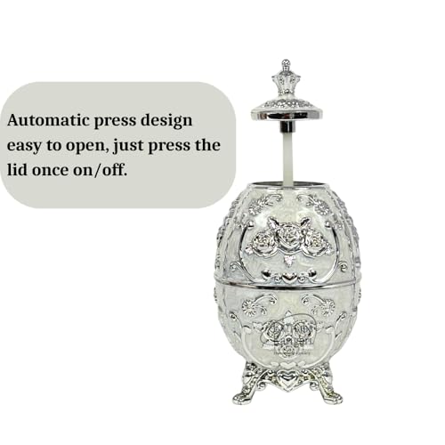 Image of Luxury Decorative Toothpick Holder for Dining Table - Handmade Faberge-Style Gold White Enamel Ornate Victorian Egg Shape Toothpick Dispenser Box | Unique Housewarming Wedding Gift