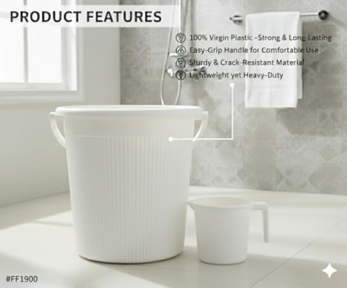 Image of MODWARE Plastic Bucket Set with Mug, 25L Bucket with 1.5L Mug, Polypropylene, Round Shape, (White, 25 L)